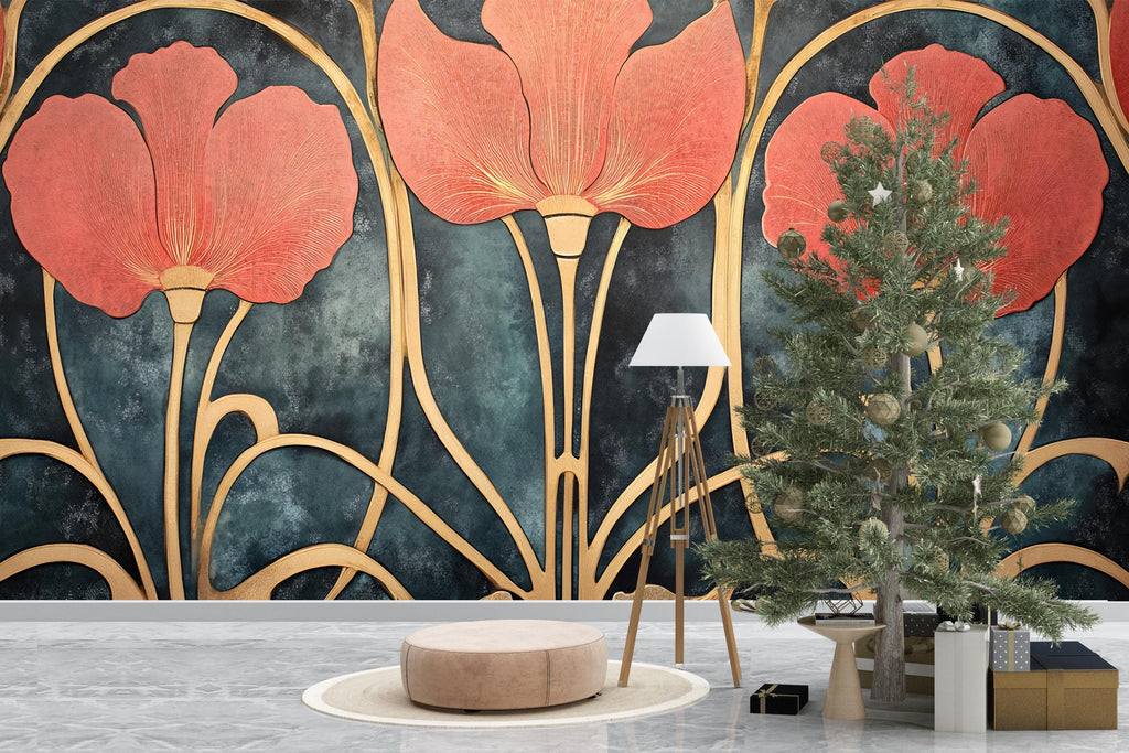 Art Nouveau Wallpaper / Romantic Decorative Arts Wallpaper / Peel and Stick Nature-Inspired Vintage Wallpaper / Floral Nouveau Wallpaper