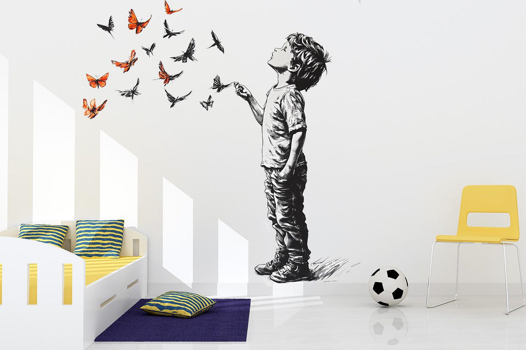 Personalized Boy and Butterflies Decal / Custom Name Wall Sticker / Boys Room Wall Art / Colorful Butterfly Mural / Peel and Stick Decal