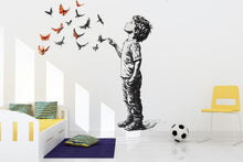 Load image into Gallery viewer, Personalized Boy and Butterflies Decal / Custom Name Wall Sticker / Boys Room Wall Art / Colorful Butterfly Mural / Peel and Stick Decal