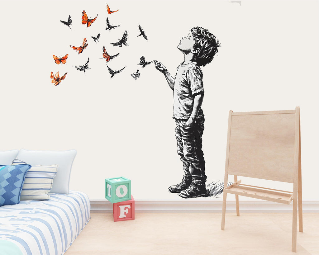 Personalized Boy and Butterflies Decal / Custom Name Wall Sticker / Boys Room Wall Art / Colorful Butterfly Mural / Peel and Stick Decal