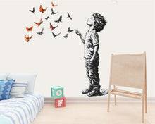 Load image into Gallery viewer, Personalized Boy and Butterflies Decal / Custom Name Wall Sticker / Boys Room Wall Art / Colorful Butterfly Mural / Peel and Stick Decal