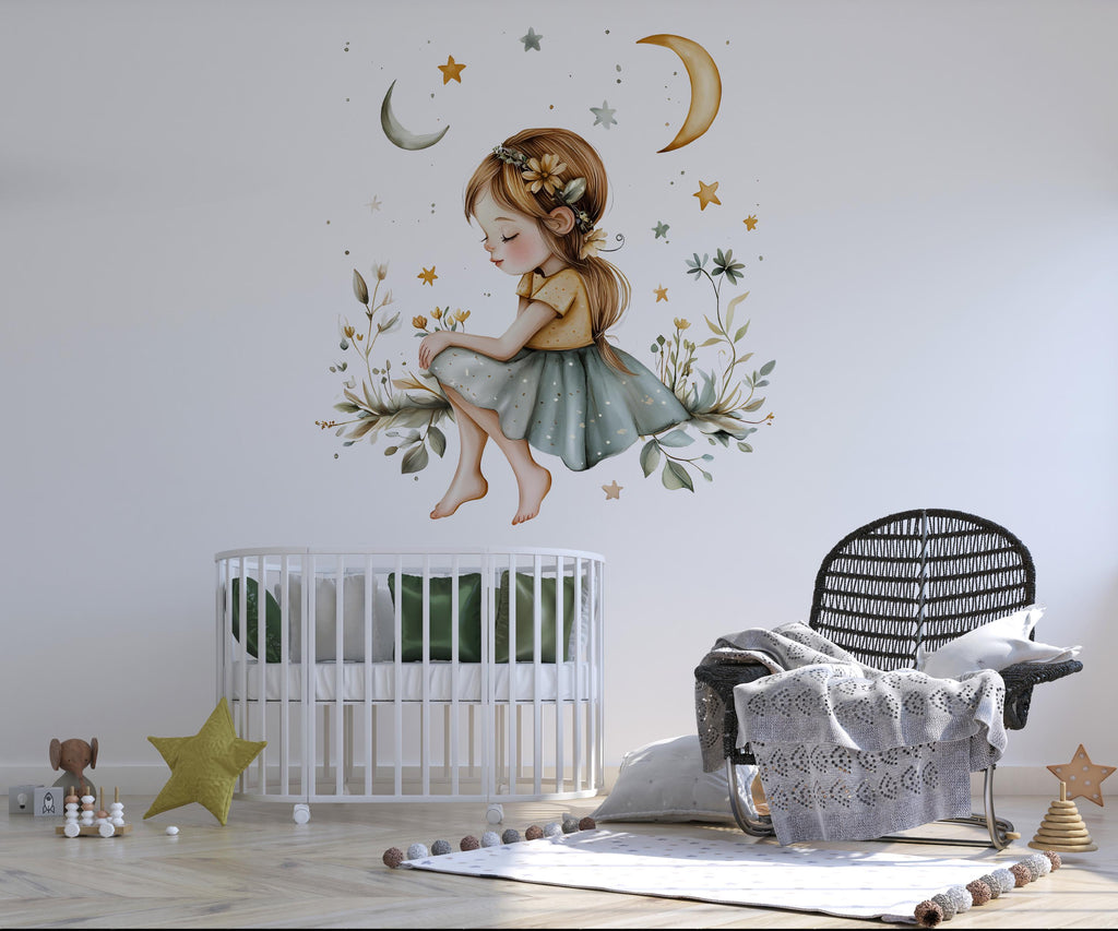 Personalized Girl Moon and Stars Decal / Custom Name Wall Sticker / Nursery Wall Art for Girls, Moon Star Bedroom Decor Peel and Stick Mural