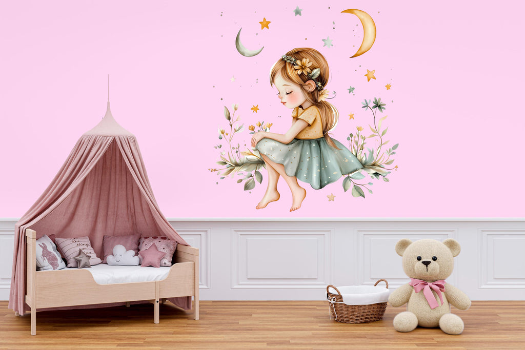 Personalized Girl Moon and Stars Decal / Custom Name Wall Sticker / Nursery Wall Art for Girls, Moon Star Bedroom Decor Peel and Stick Mural