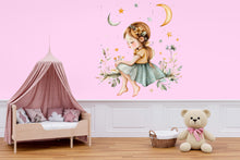 Load image into Gallery viewer, Personalized Girl Moon and Stars Decal / Custom Name Wall Sticker / Nursery Wall Art for Girls, Moon Star Bedroom Decor Peel and Stick Mural
