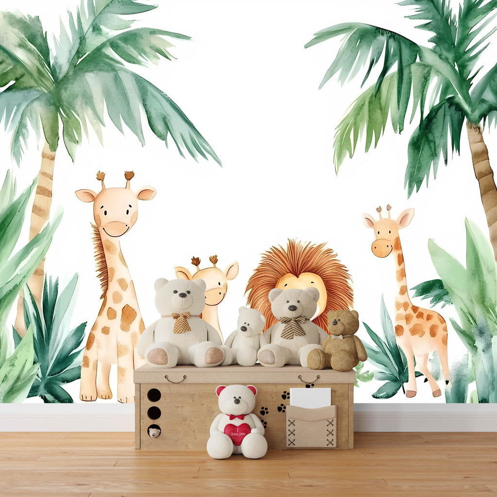 Jungle Nursery Wallpaper / Cartoon Safari Animal Wall Mural / Cute Jungle Wall Art for Baby Room / Peel and Stick Nursery Decor