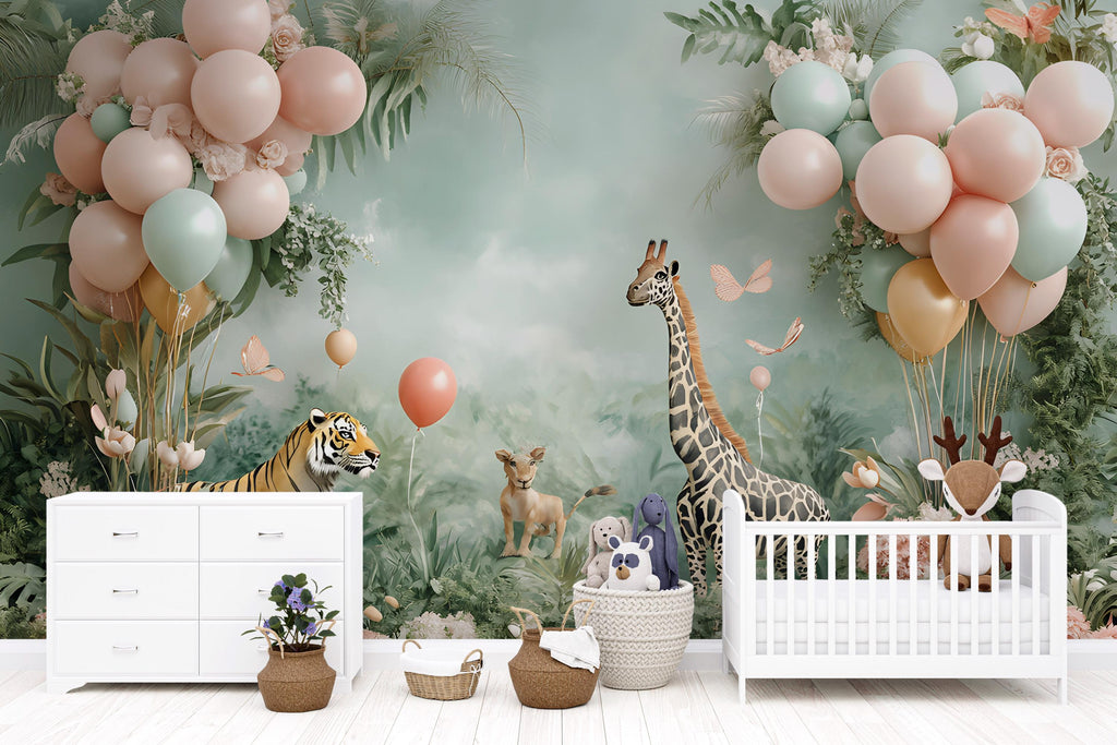 3D Animal Nursery Wallpaper / Jungle Safari Wall Mural for Baby Room / Cute Animal Wall Art / Peel and Stick Kids Room Decor