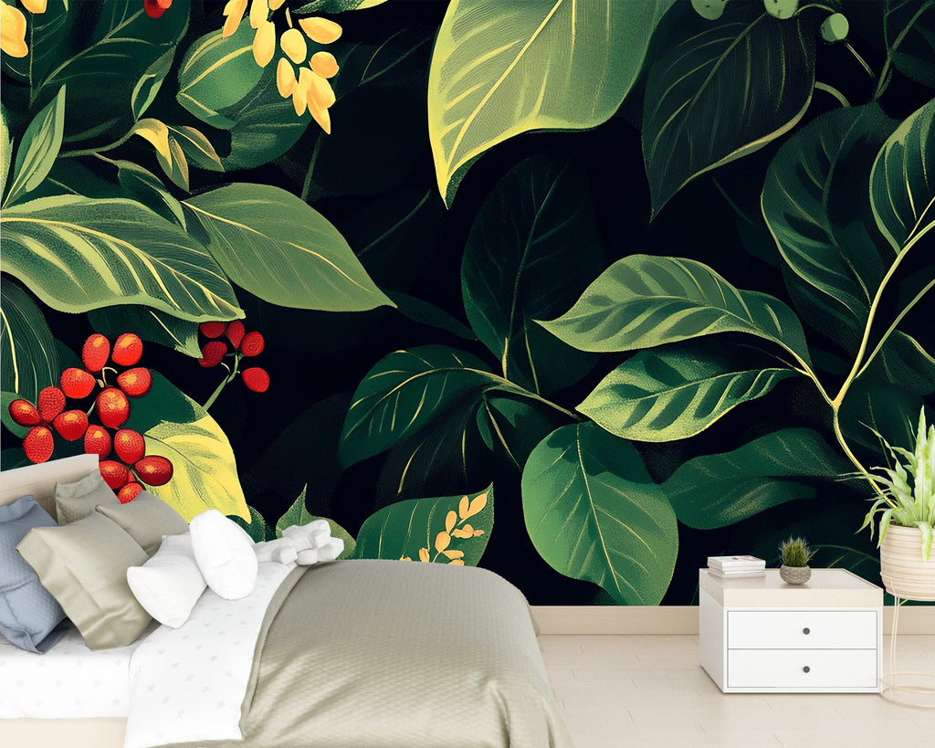 Green Botanical Wallpaper / Leaf Wall Mural Peel and Stick / Nature Inspired Wall Art / Removable Plant Wallpaper / Jungle Wall Decor