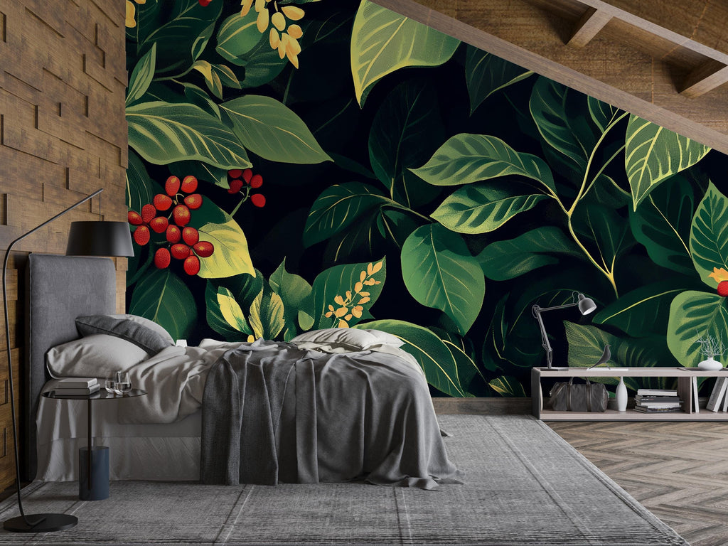 Green Botanical Wallpaper / Leaf Wall Mural Peel and Stick / Nature Inspired Wall Art / Removable Plant Wallpaper / Jungle Wall Decor