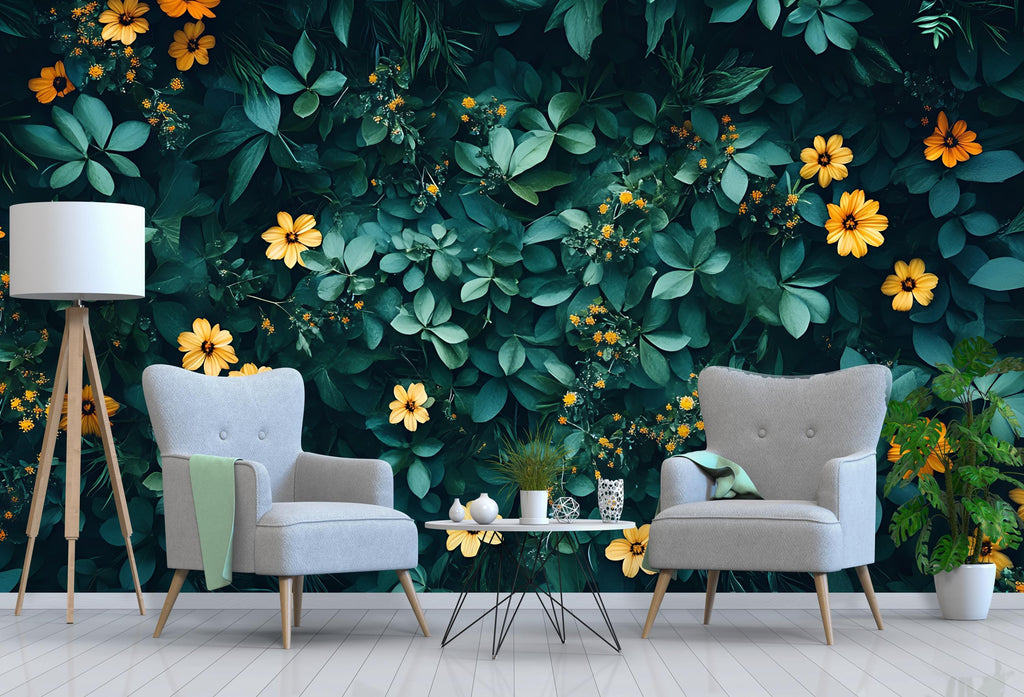 Green Botanical Wallpaper / Leaf Peel and Stick Wall Mural / Removable Nature Wall Art / Tropical Plant Wallpaper / Foliage Room Decor