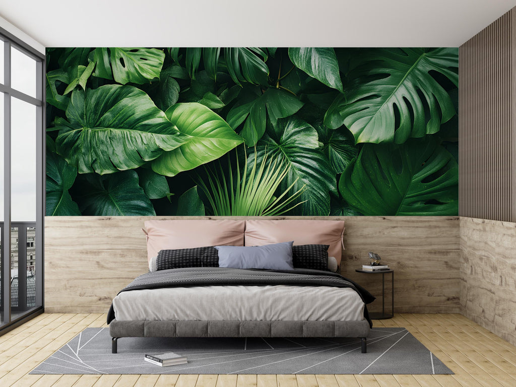 Green Botanical Wallpaper / Tropical Leaf Wall Mural / Peel and Stick Plant Wallpaper / Removable Jungle Wall Art / Nature Room Decor