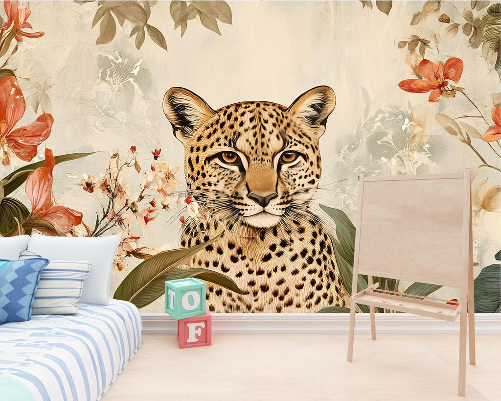Leopard Floral Wallpaper / Watercolor Leopard Wall Mural / Peel and Stick Animal Print Wallpaper / Jungle Flower Wall Art / Removable Safari