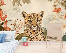 Load image into Gallery viewer, Leopard Floral Wallpaper / Watercolor Leopard Wall Mural / Peel and Stick Animal Print Wallpaper / Jungle Flower Wall Art / Removable Safari
