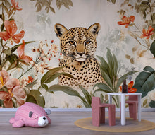 Load image into Gallery viewer, Leopard Floral Wallpaper / Watercolor Leopard Wall Mural / Peel and Stick Animal Print Wallpaper / Jungle Flower Wall Art / Removable Safari