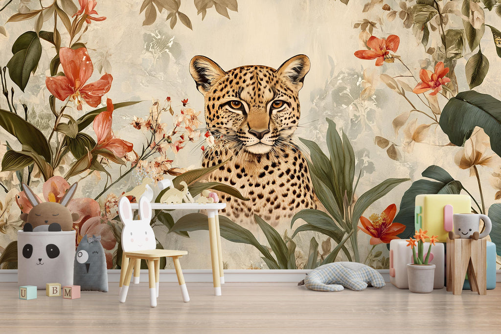 Leopard Floral Wallpaper / Watercolor Leopard Wall Mural / Peel and Stick Animal Print Wallpaper / Jungle Flower Wall Art / Removable Safari