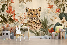 Load image into Gallery viewer, Leopard Floral Wallpaper / Watercolor Leopard Wall Mural / Peel and Stick Animal Print Wallpaper / Jungle Flower Wall Art / Removable Safari