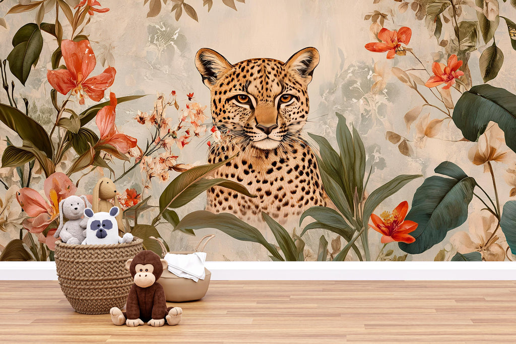 Leopard Floral Wallpaper / Watercolor Leopard Wall Mural / Peel and Stick Animal Print Wallpaper / Jungle Flower Wall Art / Removable Safari