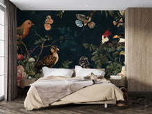 Load image into Gallery viewer, Magic Birds and Flowers Wallpaper / Mystery Botanical Bird Wall Mural / Floral Peel and Stick Wallpaper / Vintage Nature Wall Art