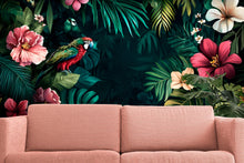 Load image into Gallery viewer, Parrot Floral Wallpaper / Magical Jungle Wall Mural, Tropical Bird Peel and Stick Wallpaper, Vibrant Flower Wall Art, Removable Exotic Decor