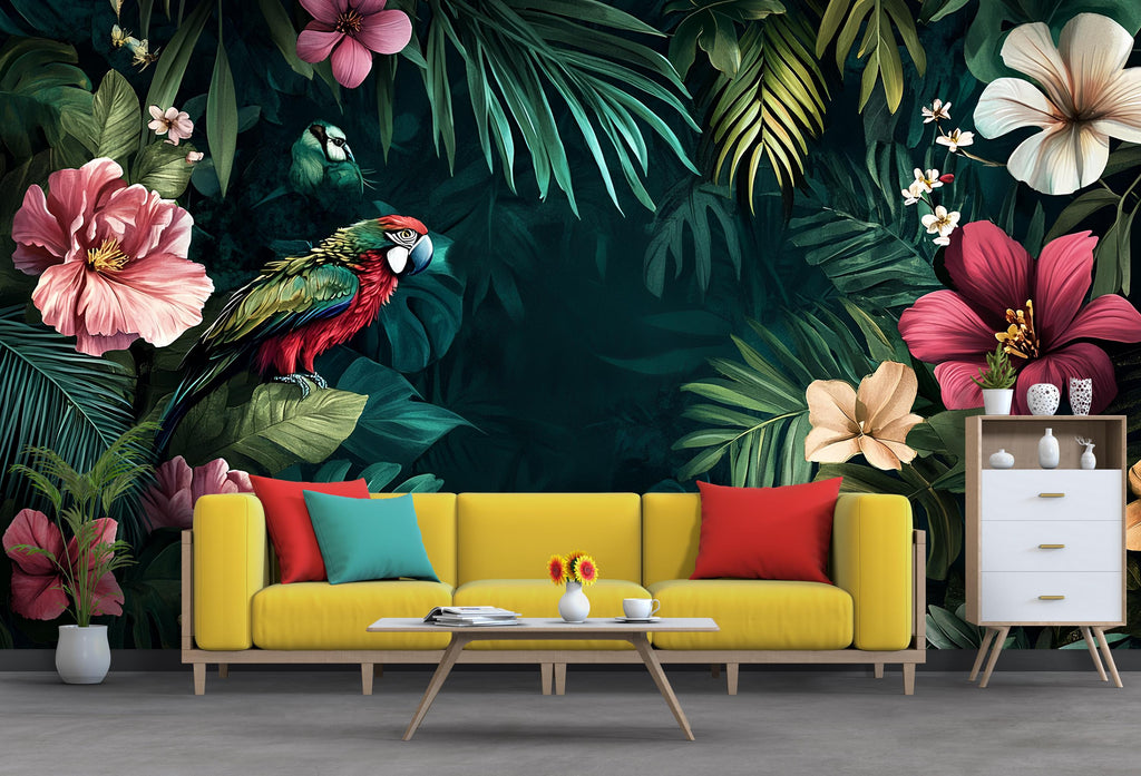 Parrot Floral Wallpaper / Magical Jungle Wall Mural, Tropical Bird Peel and Stick Wallpaper, Vibrant Flower Wall Art, Removable Exotic Decor