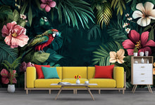 Load image into Gallery viewer, Parrot Floral Wallpaper / Magical Jungle Wall Mural, Tropical Bird Peel and Stick Wallpaper, Vibrant Flower Wall Art, Removable Exotic Decor