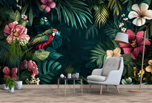 Load image into Gallery viewer, Parrot Floral Wallpaper / Magical Jungle Wall Mural, Tropical Bird Peel and Stick Wallpaper, Vibrant Flower Wall Art, Removable Exotic Decor