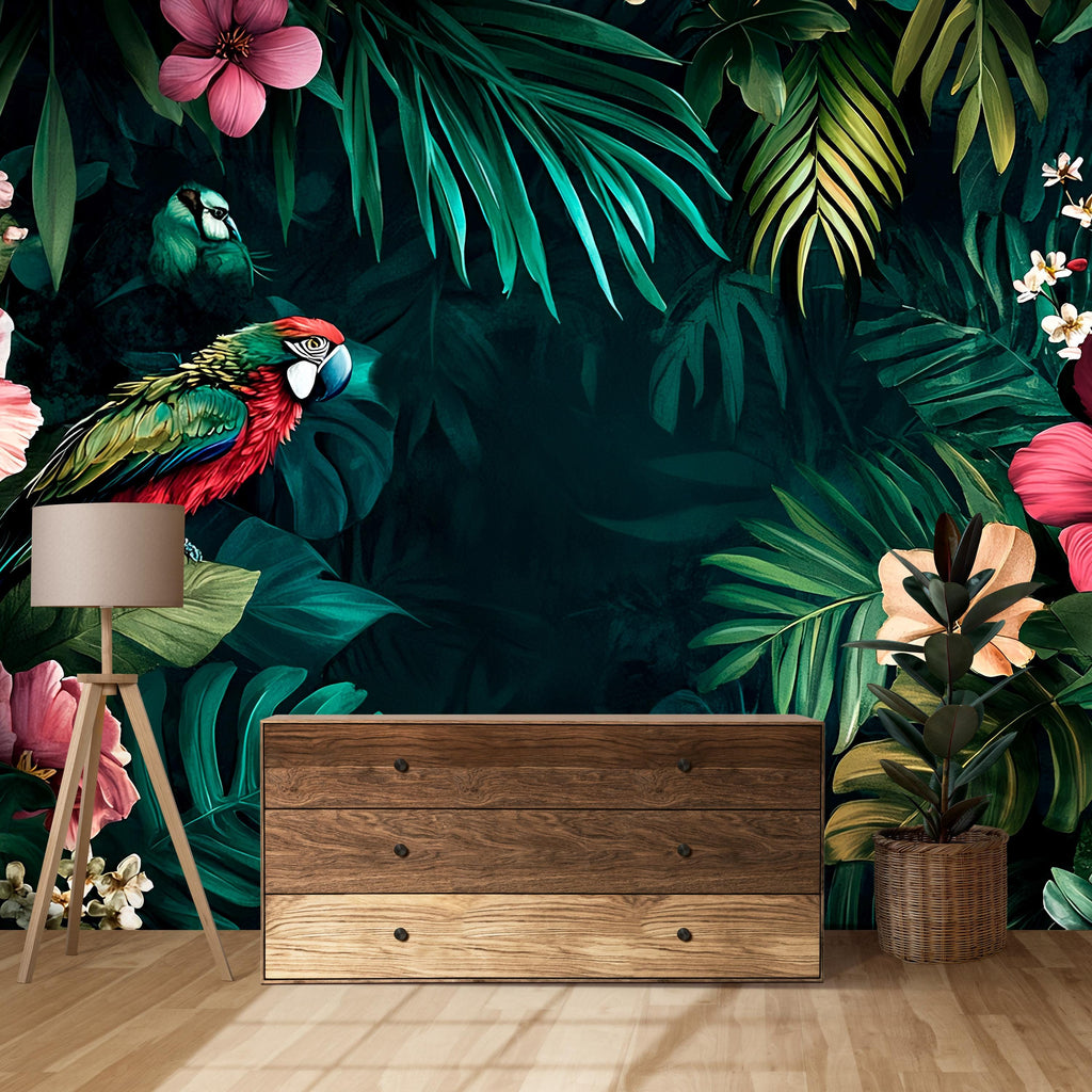 Parrot Floral Wallpaper / Magical Jungle Wall Mural, Tropical Bird Peel and Stick Wallpaper, Vibrant Flower Wall Art, Removable Exotic Decor