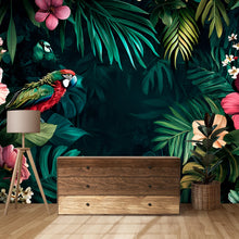 Load image into Gallery viewer, Parrot Floral Wallpaper / Magical Jungle Wall Mural, Tropical Bird Peel and Stick Wallpaper, Vibrant Flower Wall Art, Removable Exotic Decor
