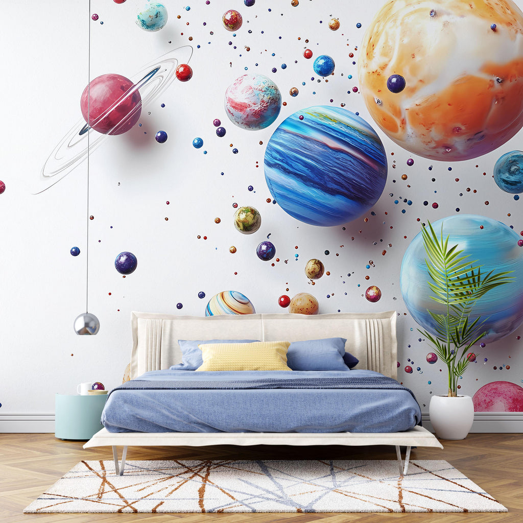 3D Planets Wallpaper / Colorful Space Wall Mural / Solar System Peel and Stick / Galaxy Kids Room Decor / Outer Space Removable Wallpaper