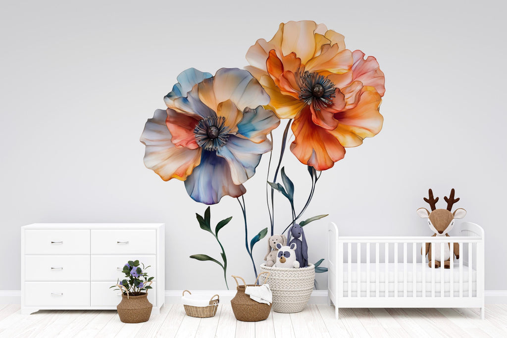 Watercolor Flower Wall Decal / Floral Wall Sticker / Boho Removable Wall Art / Botanical Peel and Stick Mural / Blush Nursery Decor
