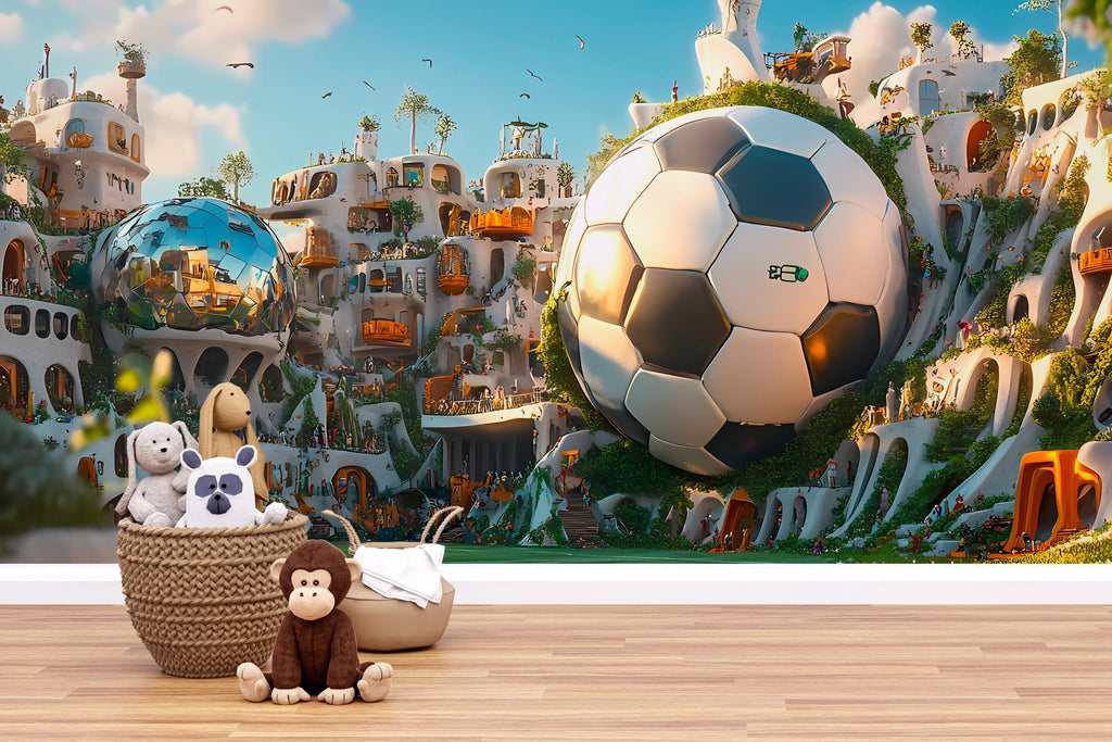 Fantasy Soccer City Wallpaper / Futuristic Football Wall Mural / Sports Cityscape Wall Art / Soccer Room Decor / 3D Stadium Peel and Stick