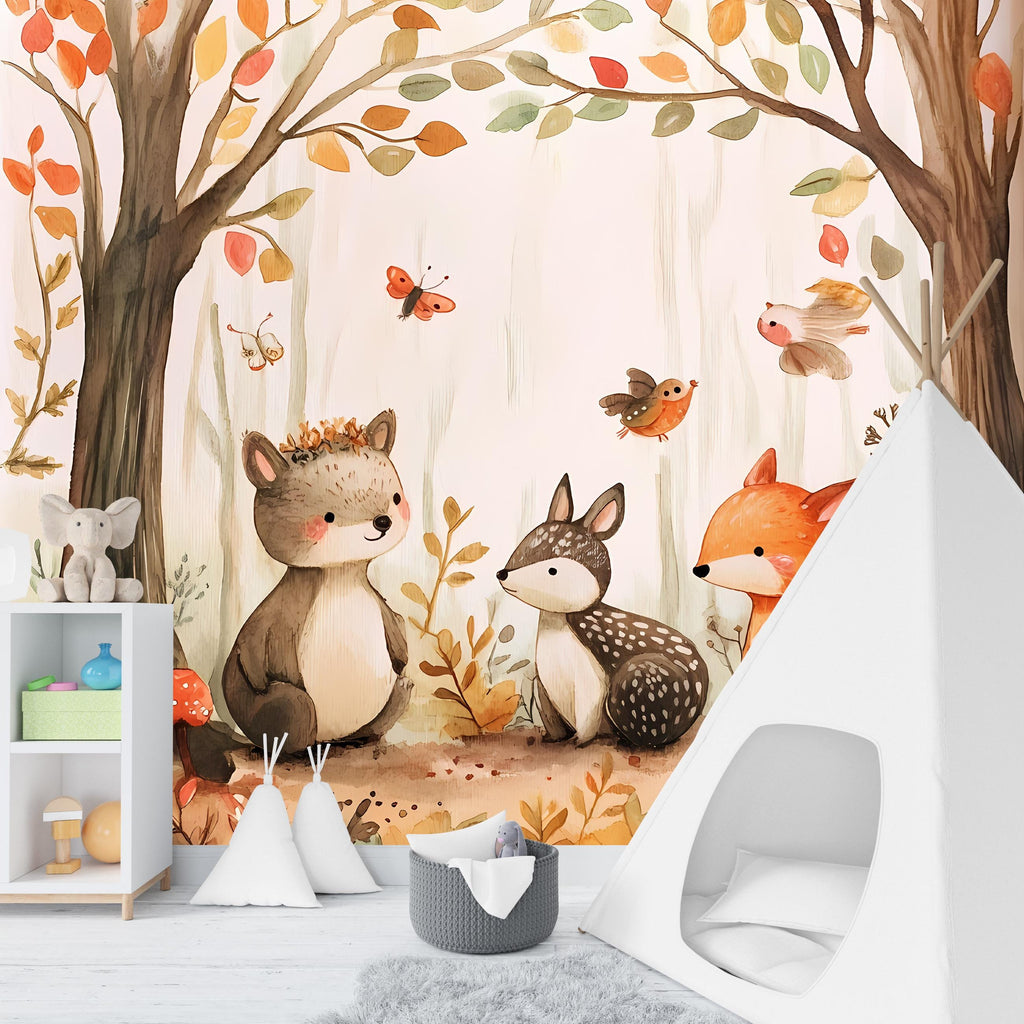 Cartoon Forest Animal Nursery Wallpaper / Woodland Creatures Wall Mural / Jungle Baby Room Decor / Cute Animal Peel and Stick Mural