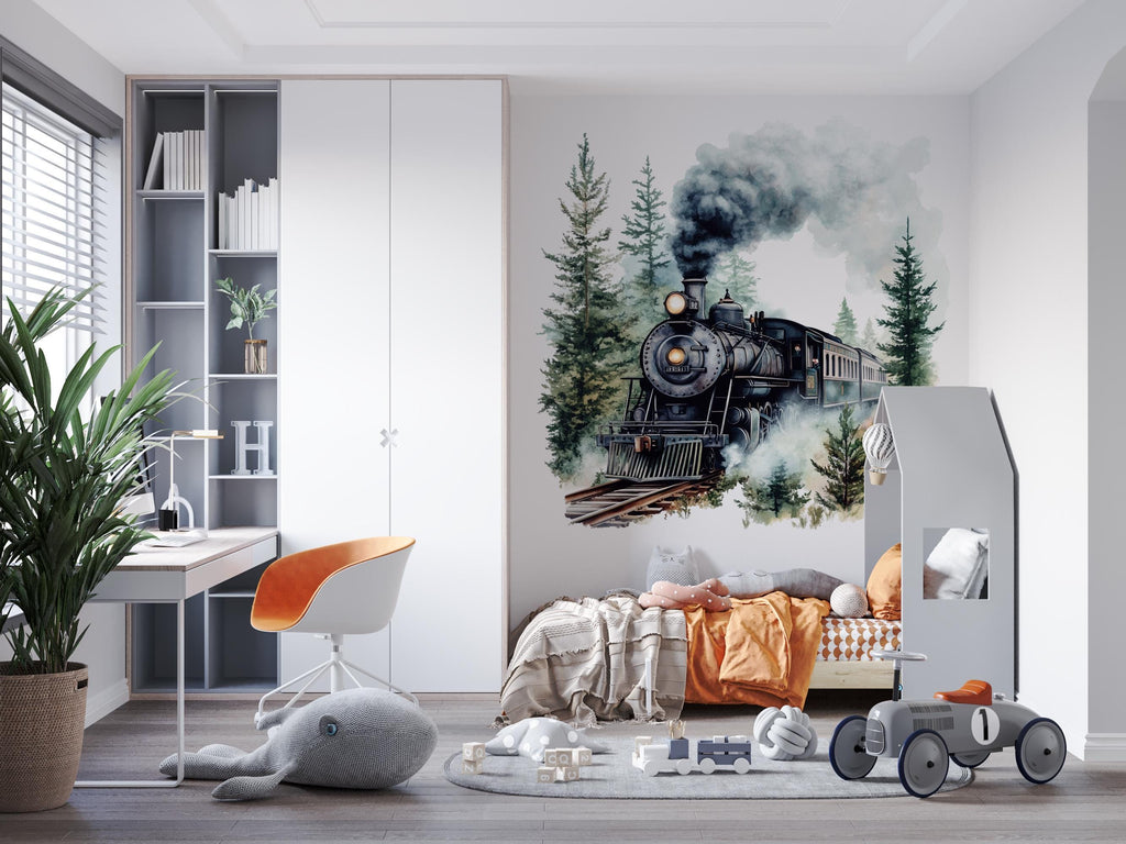 Watercolor Steam Train Wall Decal / Vintage Train Nursery Decor / Peel and Stick Train Mural / Boys Room Train Wall Art / Locomotive Sticker