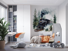 Load image into Gallery viewer, Watercolor Steam Train Wall Decal / Vintage Train Nursery Decor / Peel and Stick Train Mural / Boys Room Train Wall Art / Locomotive Sticker