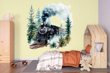 Load image into Gallery viewer, Watercolor Steam Train Wall Decal / Vintage Train Nursery Decor / Peel and Stick Train Mural / Boys Room Train Wall Art / Locomotive Sticker