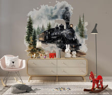 Load image into Gallery viewer, Watercolor Steam Train Nursery Decal / Rustic Train Wall Sticker / Vintage Locomotive Wall Art / Peel and Stick Train Mural / Boys Train