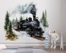 Load image into Gallery viewer, Watercolor Steam Train Nursery Decal / Rustic Train Wall Sticker / Vintage Locomotive Wall Art / Peel and Stick Train Mural / Boys Train