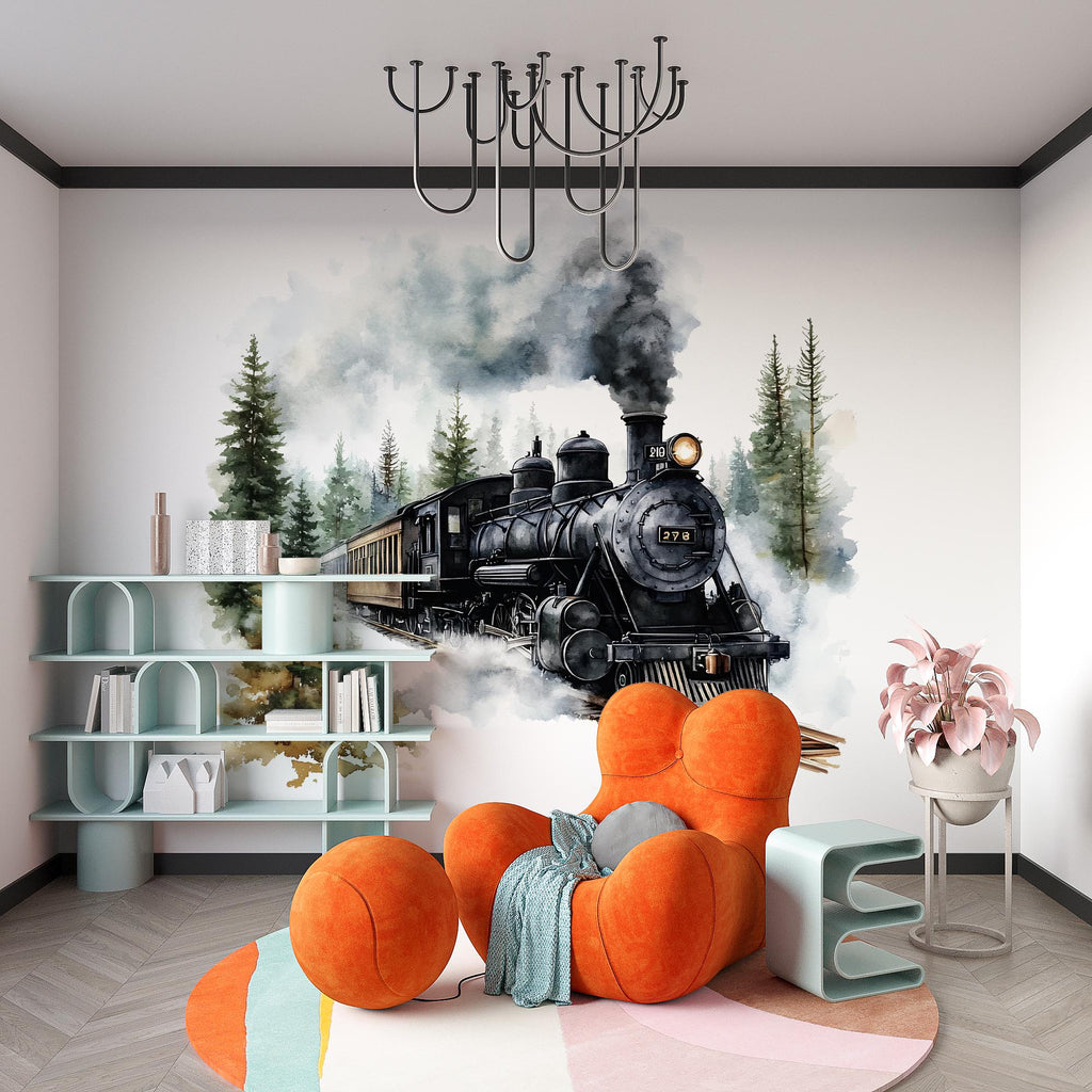 Watercolor Steam Train Nursery Decal / Rustic Train Wall Sticker / Vintage Locomotive Wall Art / Peel and Stick Train Mural / Boys Train