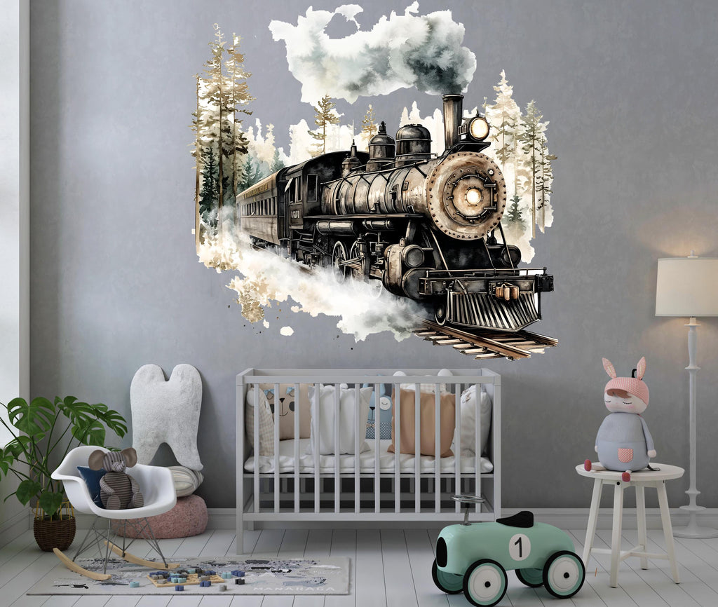 Rustic Steam Train Wall Decal / Watercolor Train Nursery Mural / Vintage Locomotive Wall Art / Peel and Stick Boys / Train Theme Nursery