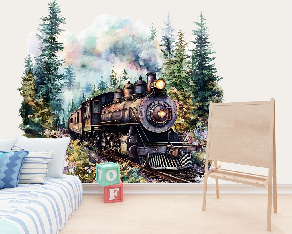 Watercolor Rustic Steam Train Wall Decal / Vintage Locomotive Nursery Mural / Peel and Stick Train Wall Art / Boys Room Train Decor