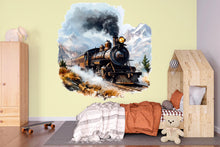 Load image into Gallery viewer, Watercolor Steam Train in Mountains Wall Decal / Vintage Train Nursery Mural / Peel and Stick Boys Room Wall Art / Rustic Adventure Nursery