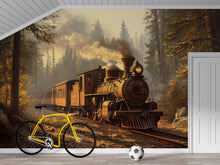 Load image into Gallery viewer, Watercolor Steam Train in Forest Wallpaper / Vintage Locomotive Mural / Rustic Train Wall Art / Boys Room Peel and Stick Wallpaper