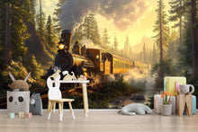 Load image into Gallery viewer, Watercolor Steam Train Forest Wallpaper / Vintage Train Wall Mural / Peel and Stick Boys Room Decor / Woodland Locomotive Nursery Art