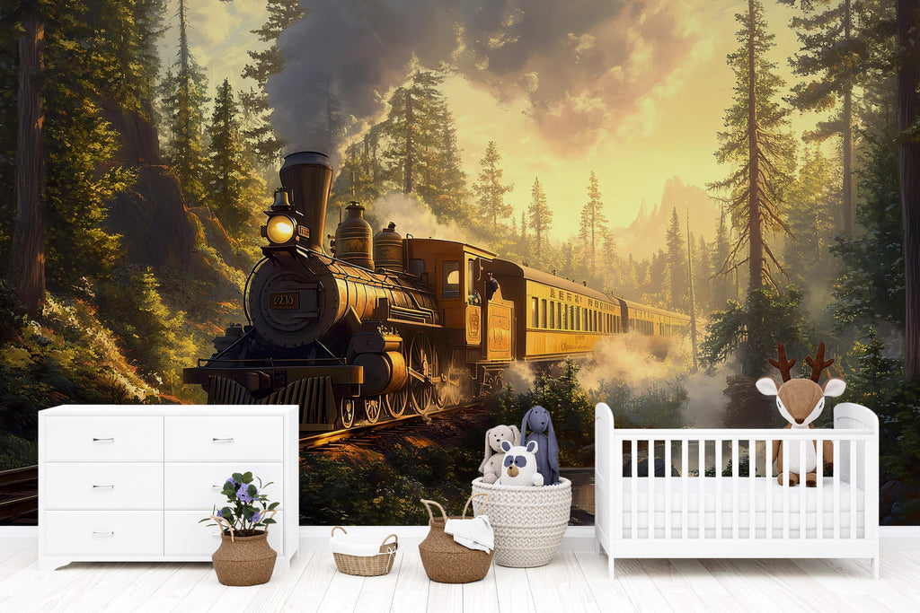 Watercolor Steam Train Forest Wallpaper / Vintage Train Wall Mural / Peel and Stick Boys Room Decor / Woodland Locomotive Nursery Art