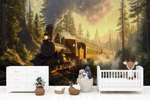 Load image into Gallery viewer, Watercolor Steam Train Forest Wallpaper / Vintage Train Wall Mural / Peel and Stick Boys Room Decor / Woodland Locomotive Nursery Art