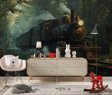 Load image into Gallery viewer, Watercolor Steam Train Forest Wallpaper – Vintage Train Wall Mural for Nursery, Kids Room, Adventure Theme Decor