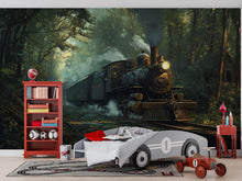 Load image into Gallery viewer, Watercolor Steam Train Forest Wallpaper – Vintage Train Wall Mural for Nursery, Kids Room, Adventure Theme Decor