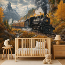 Load image into Gallery viewer, Adventure Train Forest Wallpaper – Watercolor Steam Train Wall Mural for Boys Room
