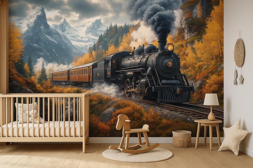 Adventure Train Forest Wallpaper – Watercolor Steam Train Wall Mural for Boys Room