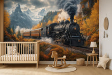 Load image into Gallery viewer, Adventure Train Forest Wallpaper – Watercolor Steam Train Wall Mural for Boys Room