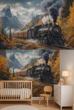 Load image into Gallery viewer, Adventure Train Forest Wallpaper – Watercolor Steam Train Wall Mural for Boys Room